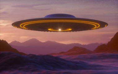 Tanımlanamayan uçan cisim, UFO. Ufoloji ve Dünya dışı yaşam konsepti bilim kurgu. Kırpma Yolu İçerildi.