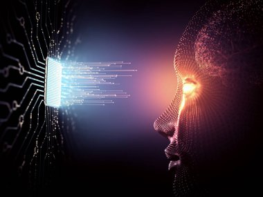 Yapay zeka kavramının 3 boyutlu çizimi. Mikroçipten insana doğru android özellikleri taşıyan veriler geliyor..