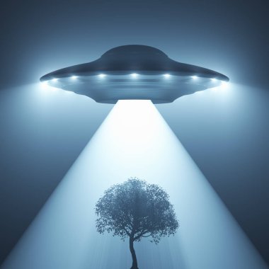 Tanımlanamayan uçan cisim UFO, gece ağaçların üzerinde uçuyor..