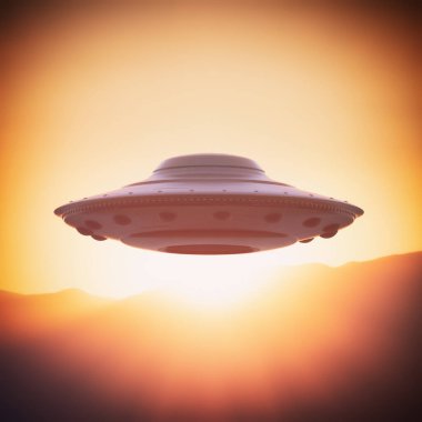 Tanımlanamayan uçan cisim, UFO. Uzaylı uzay gemisi güneş arkadayken gökyüzünde çekim yapıyor. 3 boyutlu illüstrasyon, ufoloji konsepti. Kırpma yolu dahil.