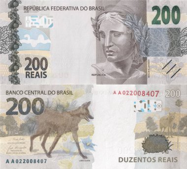 200 reais 'lik banknot. Doku olarak kullanılmak üzere yüksek çözünürlüklü ve ayrıntılı Brezilya para birimi notu.
