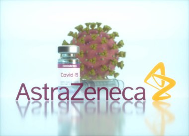 AstraZeneca Aşısı, Covid-19, Coronavirus, 2019-nCoV, SARS-CoV-2 aşısının keşfi için kavramsal görüntü. Sadece editör kullanımı.