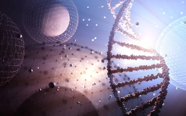 Biyoteknoloji ve moleküler genetik mühendisliği. Bilim ve moleküler teknolojinin 3 boyutlu çizimi.