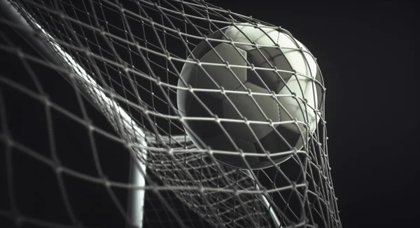 Bola Futebol Marcando Gol Movendo Rede Ilustração Sobre Fundo Preto — Fotografia de Stock
