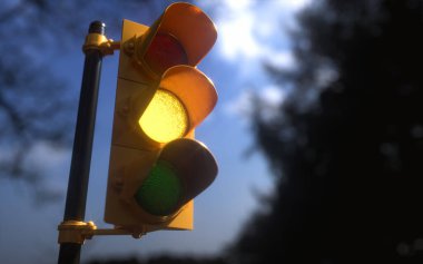 Mavi gökyüzü ve etrafındaki ağaçlarla dışarıda dikey trafik ışığı. Trafik denetim konsepti görüntüsü alan derinliği sığ.