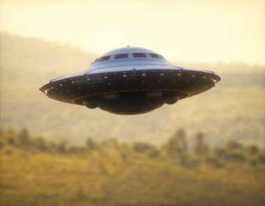 Bir UFO 'nun 3 boyutlu çizimi, tanımlanamayan uçan nesne, ormanın ve sıradağların üzerinde çekim gücü..