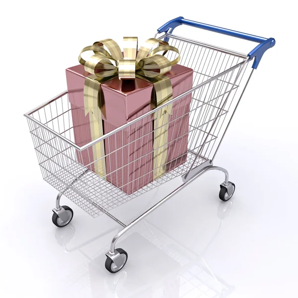 Carrinho de compras com um presente dentro . — Fotografia de Stock