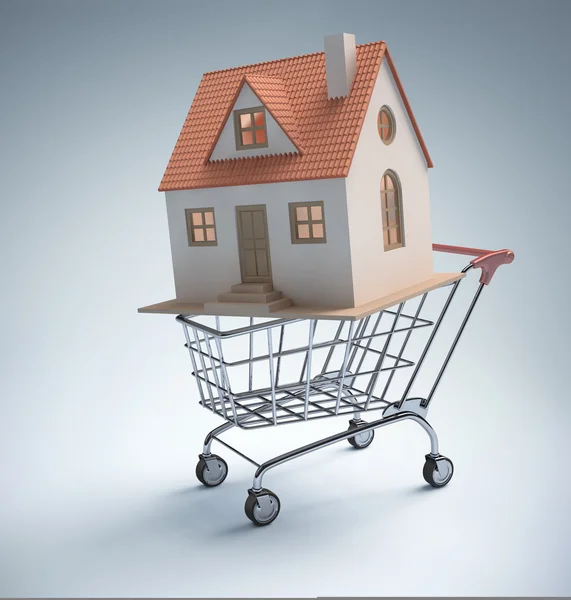 Small house inside the shopping cart. — Stock Photo, Image