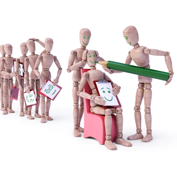 Row of dolls waiting their turn to make a face — Stock Photo, Image