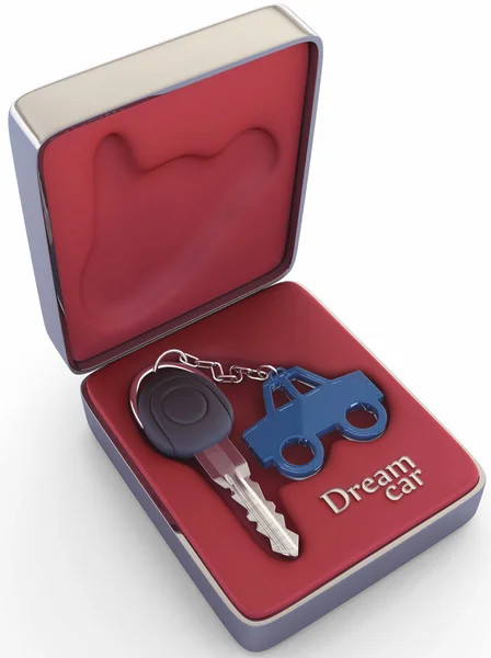 O carro de sonho e a chave em uma caixa especial . — Fotografia de Stock