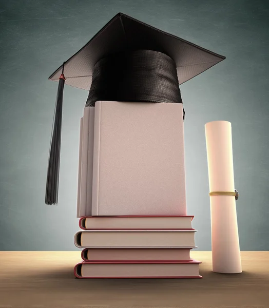 Graduation cap over the pile of books — Stock Photo, Image