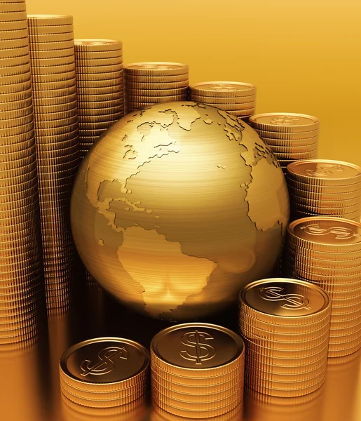 Gold Globe with many gold coins around. — Stock Photo, Image