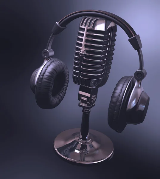 Headset on top of a classic microphone. — Stock Photo, Image