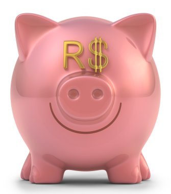Gözleri Brezilya para işareti ile Piggy banka.