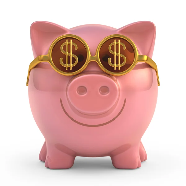 Piggy banco usando óculos de sol com sinal de dinheiro — Fotografia de Stock