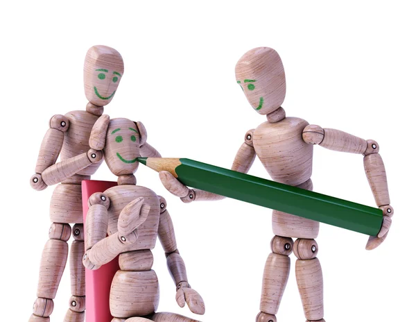 Bambole di legno che disegnano una faccia felice l'un l'altro — Foto Stock