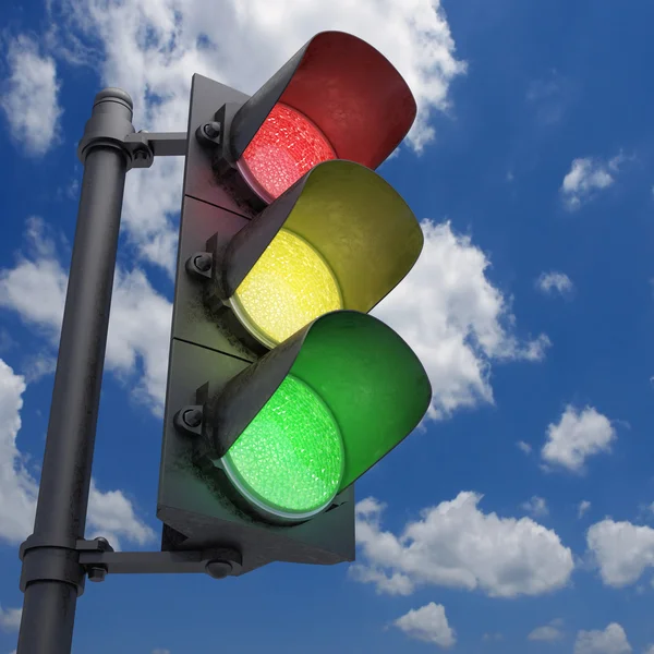 Traffic Light in a blue sky with all the lights on. — Stock Photo, Image