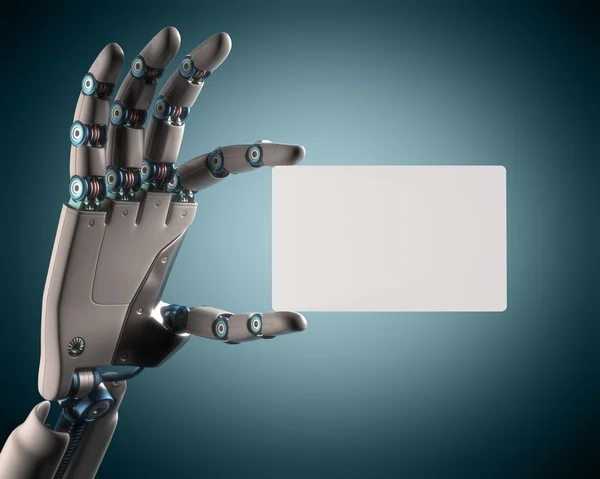 Robotic hand holding a blank card — Stock Photo, Image