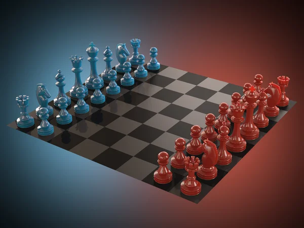 Tablero de ajedrez con piezas de ajedrez de vidrio de colores — Foto de Stock