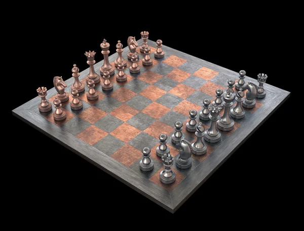 Tablero de ajedrez con piezas de ajedrez de metal — Foto de Stock
