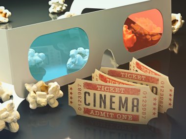 Sinema bileti ve patlamış mısır ile 3d gözlük
