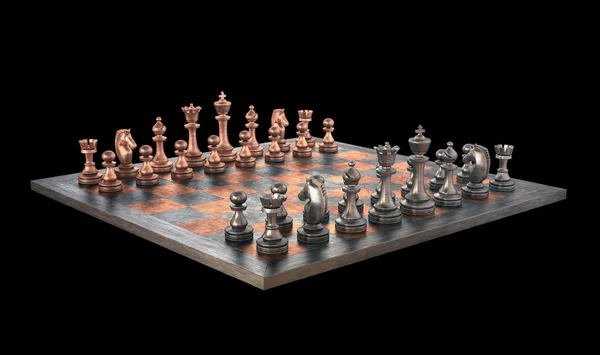 Chessboard with pieces of metal chessmen — Stock Photo, Image