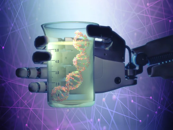 Mano robótica sosteniendo un tubo de ensayo con un ADN — Foto de Stock