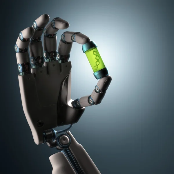 Robotic hand holding a test tube with a dna — Stock Photo, Image