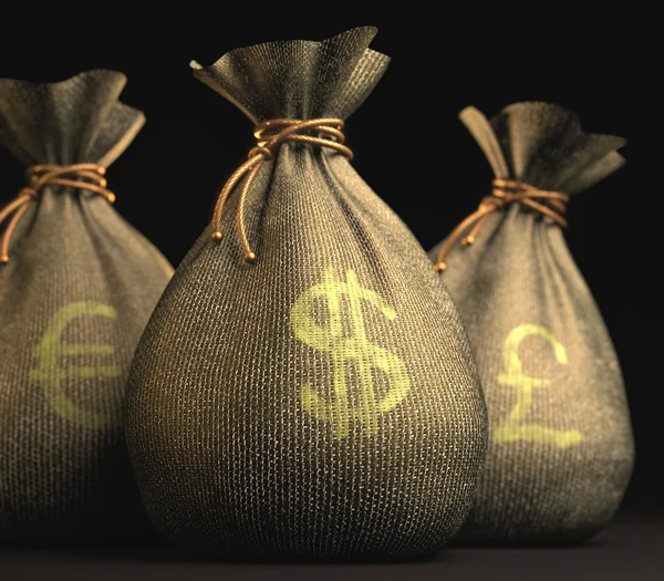 Három zsák pénzt jele, dollár, euró, font. — Stock Fotó