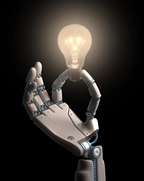 Robota ruka držící žárovky — Stock fotografie