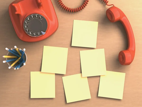 Telefone fora do gancho com notas pegajosas na mesa — Fotografia de Stock