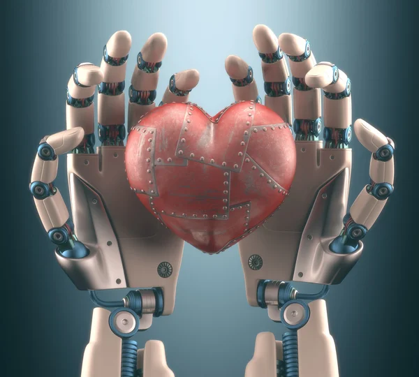 Manos de robot sosteniendo un corazón de metal — Foto de Stock