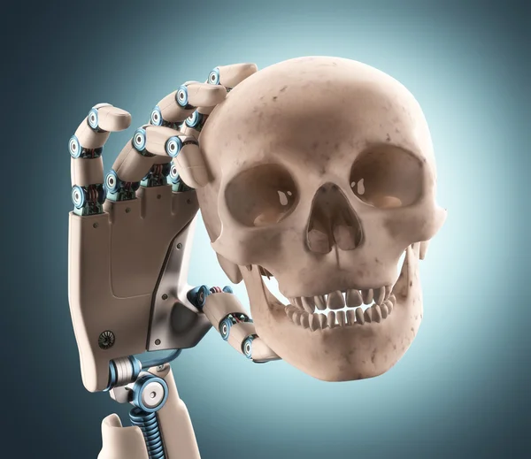 Mão robótica segurando crânio humano — Fotografia de Stock