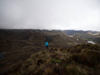 Tepelerin önündeki mavi ceketli adam tundra çayırları El Cajas Ulusal Parkı Cuenca Ekvador manzarası