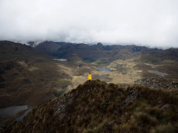 Persona Chaqueta Amarilla Frente Colinas Tundra Praderas Lagos Paisaje Parque — Foto de Stock