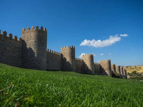 Avila Kastilya ve Leon İspanya 'daki tarihi ortaçağ kale şehir taş duvarının panoramik manzarası — Stok fotoğraf