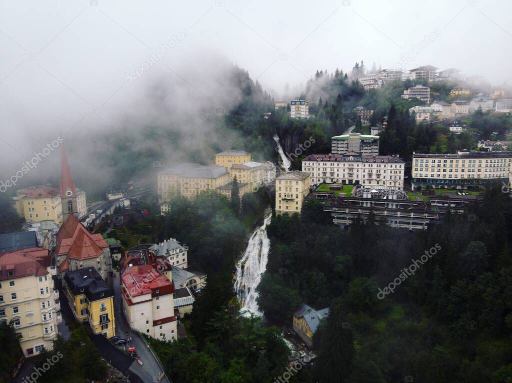 Aerial view of Gasteiner Ache waterfall in tourist spa town Bad Gastein in St Johann im Pongau Salzburg Austria