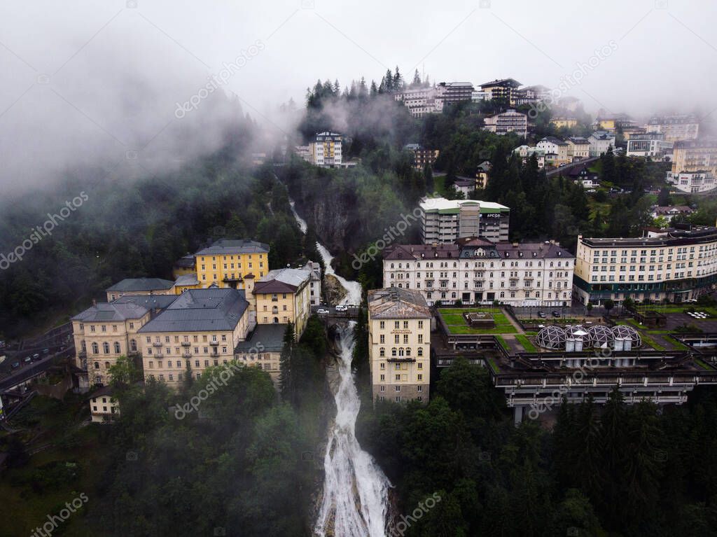 Aerial view of Gasteiner Ache waterfall in tourist spa town Bad Gastein in St Johann im Pongau Salzburg Austria