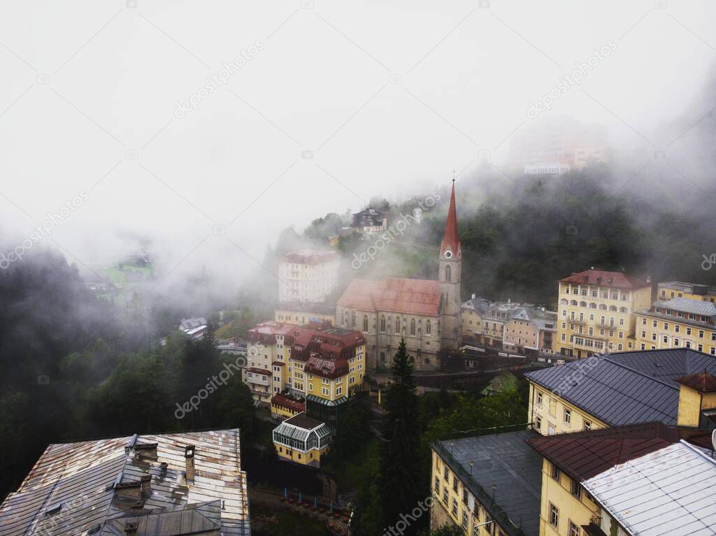 Panoramic view of church cathedral in tourist spa town Bad Gastein in St Johann im Pongau Salzburg Austria