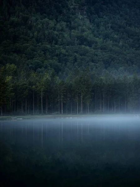 Nuages bas brouillard humeur brumeuse reflet de la forêt d'arbres dans le lac Bluntausee Golling Salzburg Autriche montagnes alpines — Photo