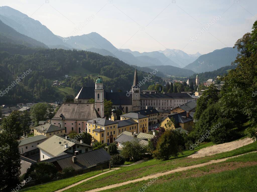 Panoramic view of church in alpine historic old city center of Berchtesgaden in alps mountains Upper Bavaria Germany