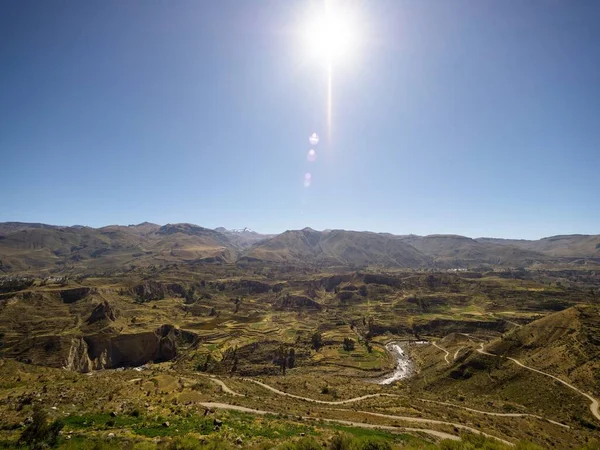 Panoramic view of pre inca stepped terraces anden farming agriculture in Colca Canyon valley Arequipa andes Peru — Stock Photo, Image