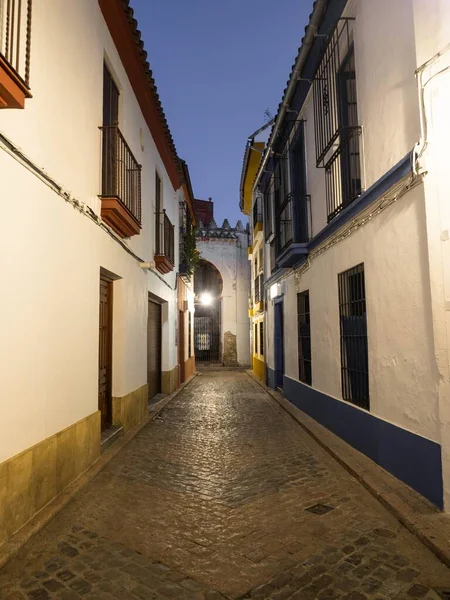 歴史的な中世の古代の狭い路地石畳の通りの車線の家のファサード夜にコルドバアンダルシアスペイン — ストック写真