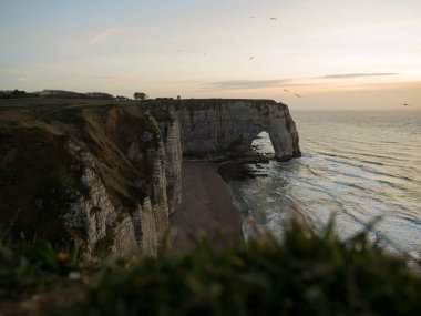 Etretat 'ın panoramik manzarası tebeşir kompleksi beyaz uçurumlar Aiguille iğnesi Atlantik okyanus kıyısında, Octeville sur Mer Le Havre Seine Denizcilik Normandiya Fransa Avrupa