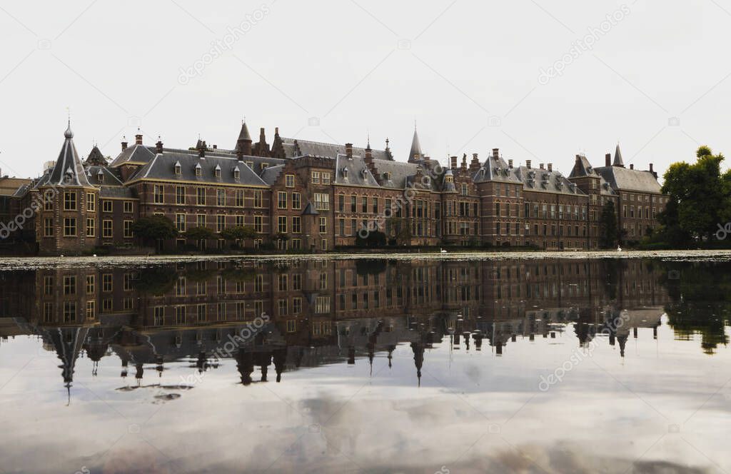Binnenhof Inner Court building complex political centre at Hofvijver lake river pond in The Hague Den Haag South Holland Netherlands Europe