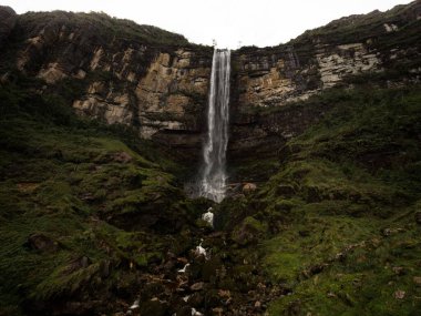 Bongara Amazonas 'taki Catarata del Gocta şelalesinde sarı ceketli küçük yürüyüşçü. Peru ve Güney Amerika' daki Chachapoyas yakınlarında.
