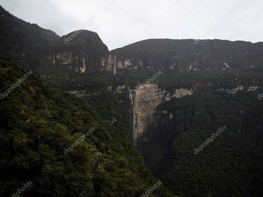 Panoramic view of Catarata del Gocta waterfall cataract cascade in Bongara Amazonas near Chachapoyas in Peru andes South America