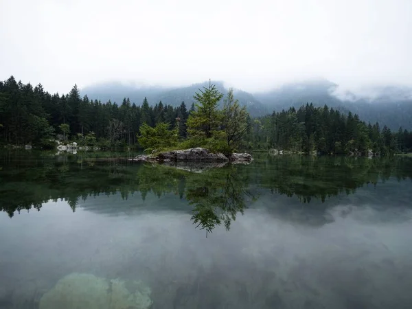 Tree island reflection in alpine mountain lake Hintersee θολωμένη διάθεση Ramsau Berchtesgadener Land Βαυαρία Γερμανία — Φωτογραφία Αρχείου