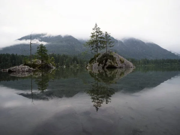 Tree island reflection in alpine mountain lake Hintersee θολωμένη διάθεση Ramsau Berchtesgadener Land Βαυαρία Γερμανία — Φωτογραφία Αρχείου