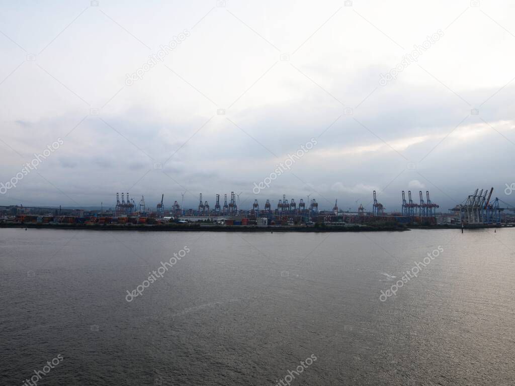 Panoramic view of Port of Hamburg Hamburger Hafen cargo container seaport harbor Elbe river North Sea Germany